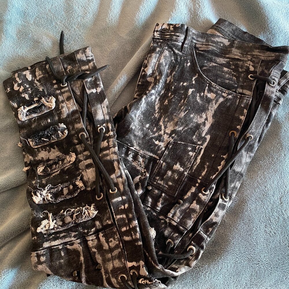 Kylla Custom Rock Wear "Executor" Jeans, Side-Lace w/ distressed denim